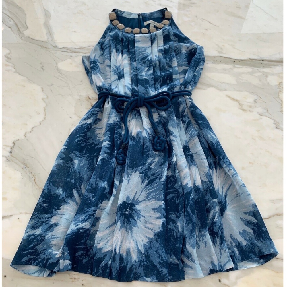BETH BOWLEY BLUE FLORAL SILK BELTED DRESS 6